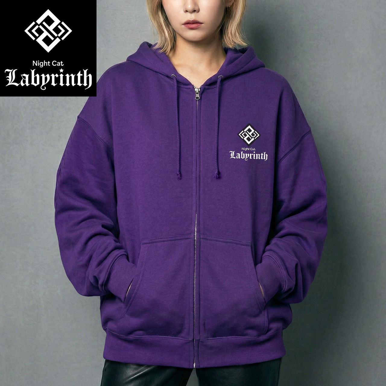 【Night Cat Labyrinth】ナイトキャットラビリンス 前面ロゴのみ フルジップパーカー 10oz 裏パイル (パープル)　黒猫 ゴシック ダークファンタジー ストリートファッショ