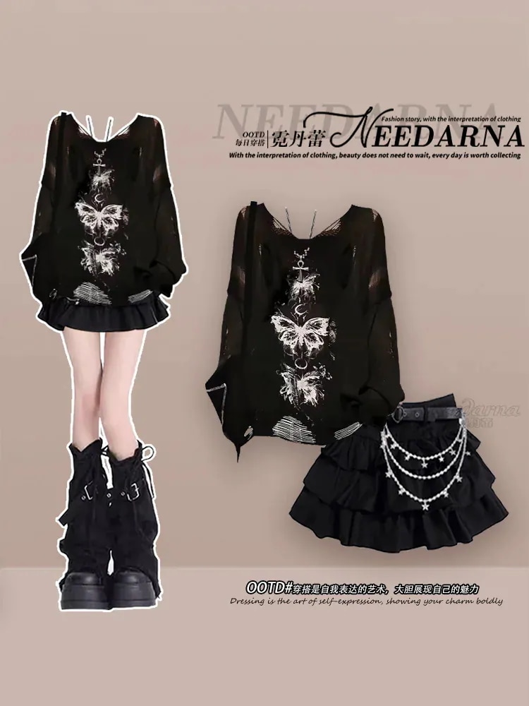 クールな女の子は秋の釣りスタイルのデートスカートエレガントで生意気なスーツ体型を引き立たせる黒いドレスチュチュスカートを着ます30%制限