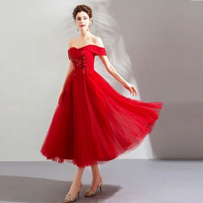 カラードレス 演奏会用ドレス パーティードレス ミモレ丈 レッド ウェディングドレス 発表会 結婚式 ピアノ 二次会 ドレス 前撮り 結婚式 花嫁 大きいサイズ