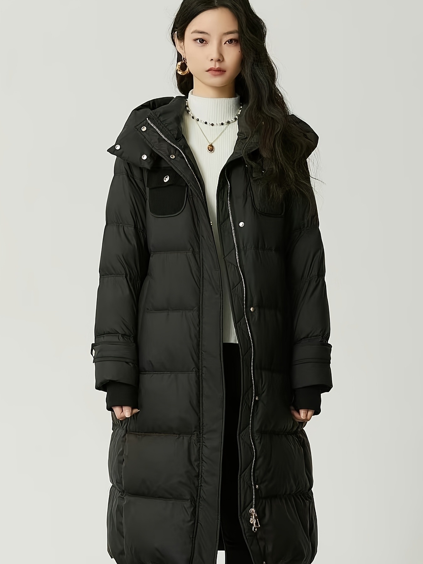 1pc エレガントなフード付きダウンジャケット240g ホワイトデュックダウンスリムフィット長袖ポケット付きポリエステル伸びない素材ジッパープレクト外出用の冬の膝までのコート