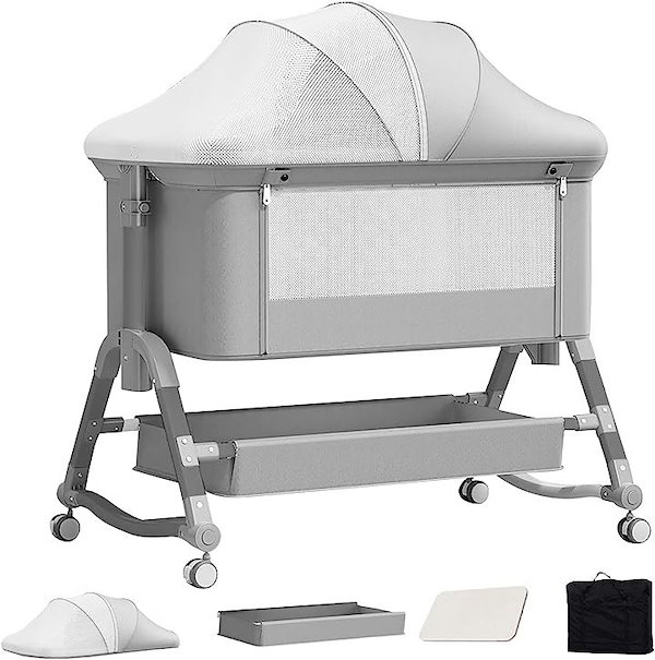 ちゅんのshop一覧はこちらベビーベッド 乳児用ベッド 高さ調節可能 蚊帳 多機能 組み立て簡単 グレー②