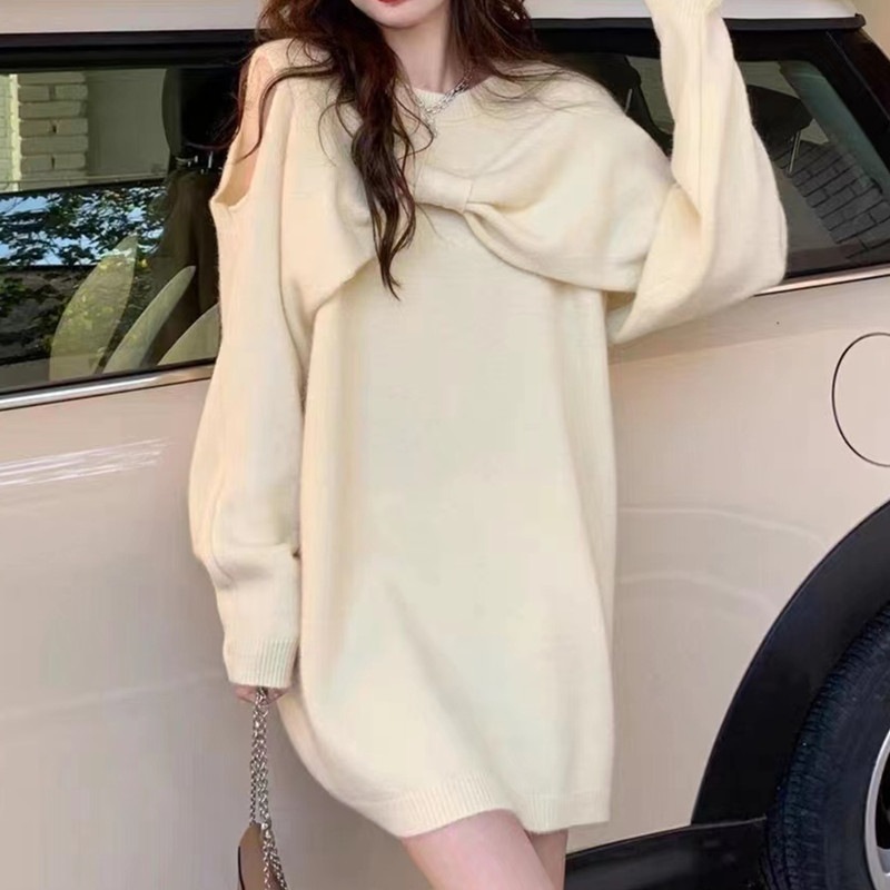 【1つ買うと10つ無料】秋と冬のセクシーな弓ニットカジュアルオフショルダーミッドレングスクリスマス新年のセータースカート