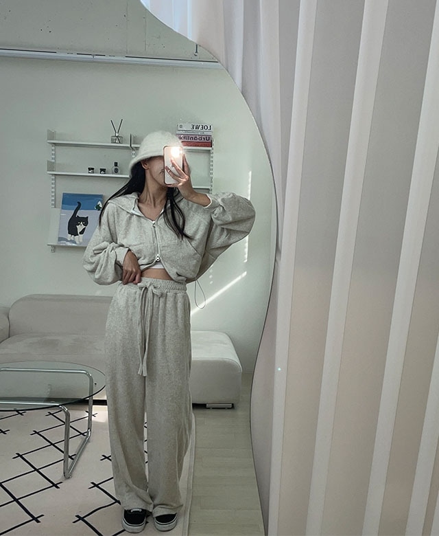 (4color/エムディーおすすめ) ツーウェイクロップストリングコーデュロイパーカージップアップ+バンディングワイドコーデュロイトレーニングパンツセット