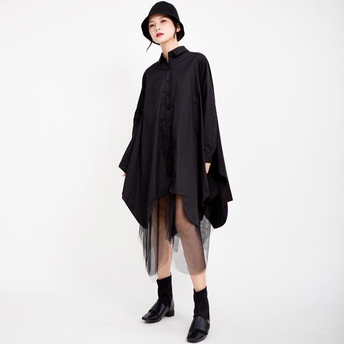 アシンメトリー フレアシャツワンピース レディース 裾フリルワンピース チュールワンピース 羽織り チュールシャツワンピ ロングシャツ ロングワンピ フリル ドレープ モード系 原宿系 送