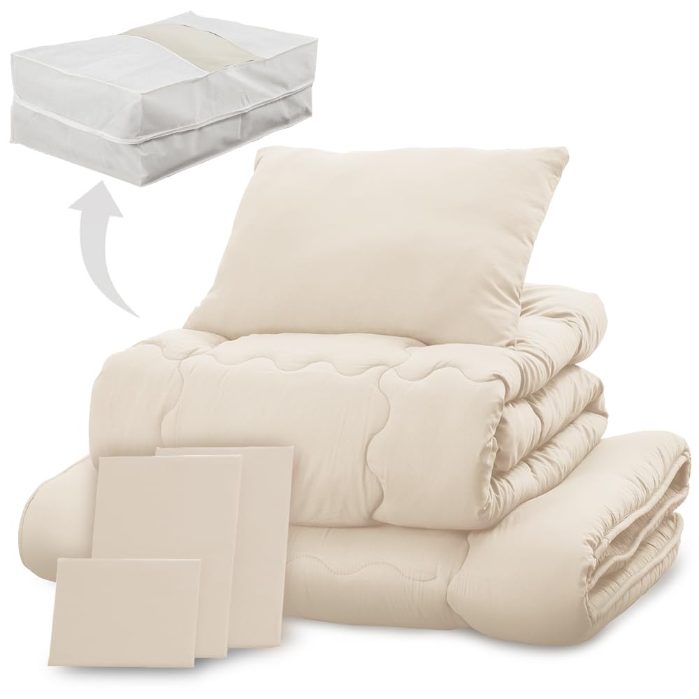 アイリスプラザ すぐ使える布団7点セット シングル 抗菌防臭 すっきり収納ケース付き しっとりなめらかピーチスキン加工 (掛け布団 敷布団 枕 各カバー付き) アイボリー