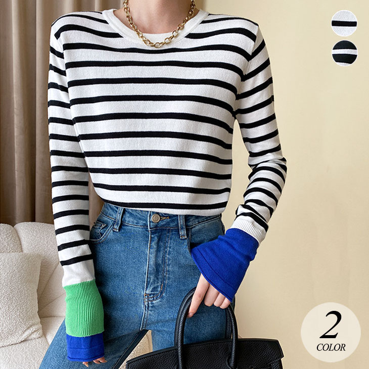 【2025新作 急速出荷】バイカラー クルーネック ボーダー ニット トップス セーター 長袖 可愛い おしゃれ 流行 シンプル カジュアル きれいめ 上品 春 秋 冬 ホワイト ブラック 白 黒 レ