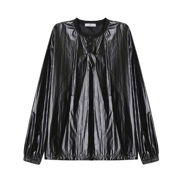 メンズ グロッシー ボタン ラウンド スウェットシャツ 長袖 バンディング Tシャツ AC-TSA-Q037-ブラック