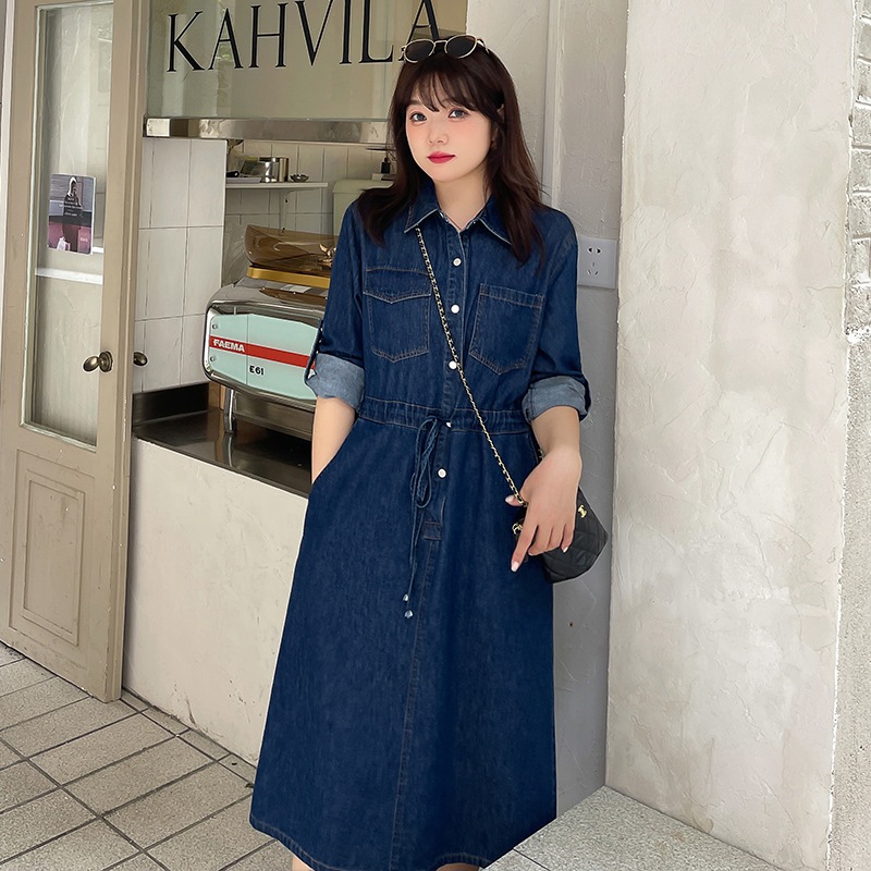 大きいサイズXL-4XLワンピースレディース夏長袖太め体型カバーデニムワンピースソフト