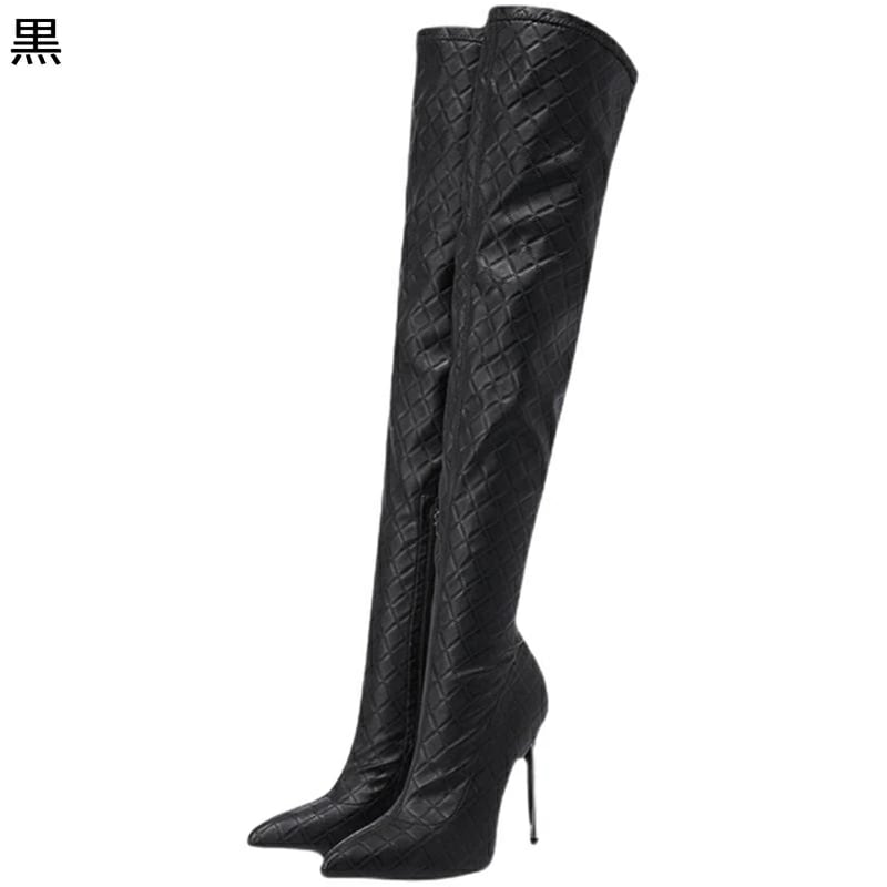 サイハイブーツ 大きいサイズ 格子 エナメル ニーハイブーツ レディース オーバーニーブーツ ロングブーツ ジップ ピンヒール ポインテッドトゥ ハイヒール 冬靴 秋靴 美脚 金属ヒール