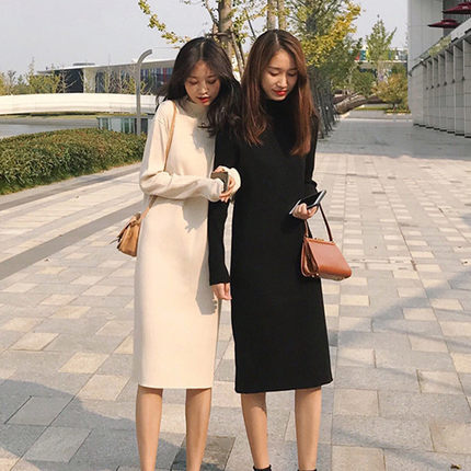 ワンピース デート ニットソー セーター ロング ロング丈 袖あり 長袖 タートルネック 無地 秋 こなれ感 個性的 アプリコット ブラック S M L XL エレガント クール モード系