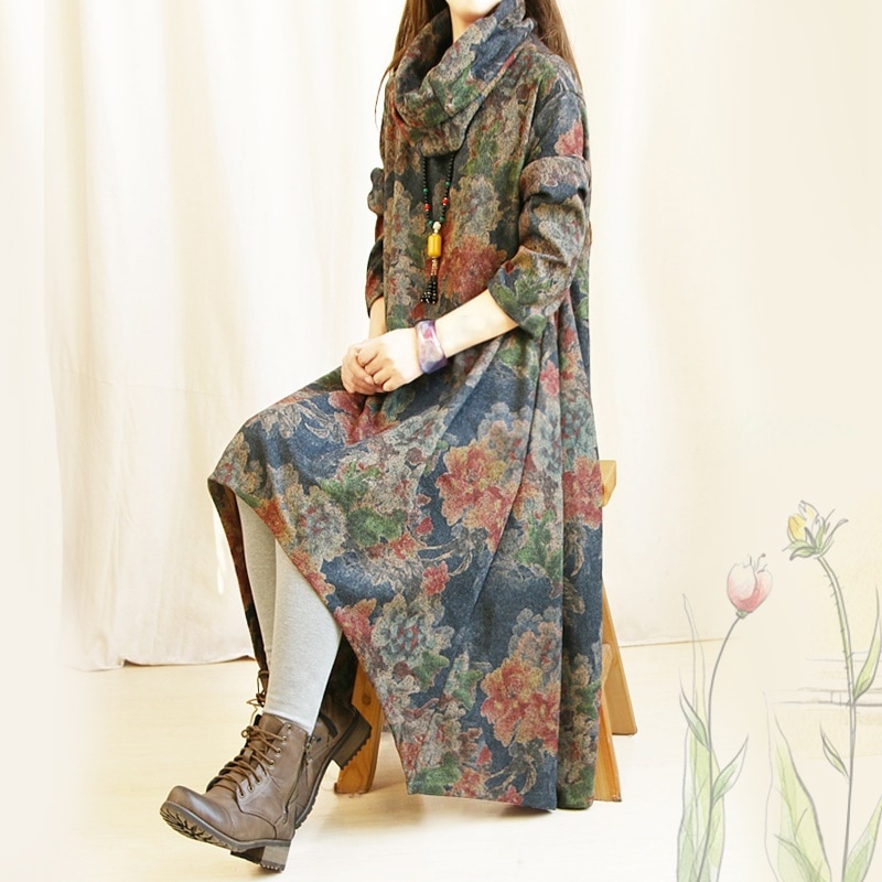 1154．花柄レトロイレギュラーヘムワンピース（ブルー）