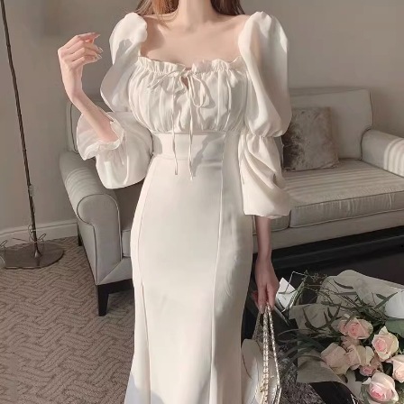 ワンピース ロング ロング丈 袖あり 長袖 スクエアネック スリム タイト 細身 フィッシュテール フリル リボン きれいめ 大人 上品 おしゃれ お洒落 かっこいい レトロ 大人女子 こなれ感