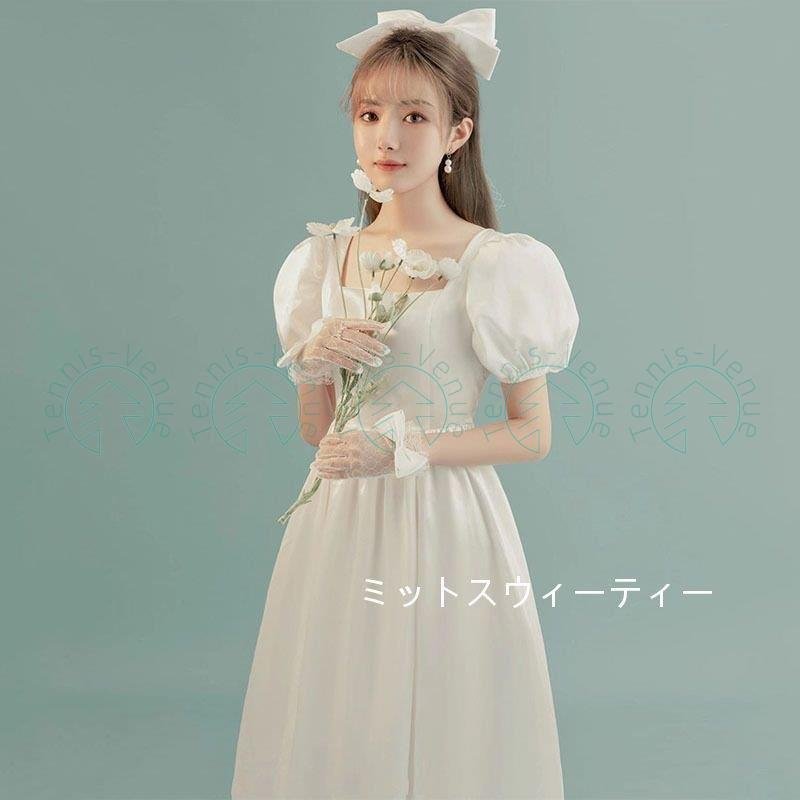 ウエディングドレス Aラインドレス リゾートドレス 半袖 膝下 花嫁 二次会 ブライダル 結婚式 レ