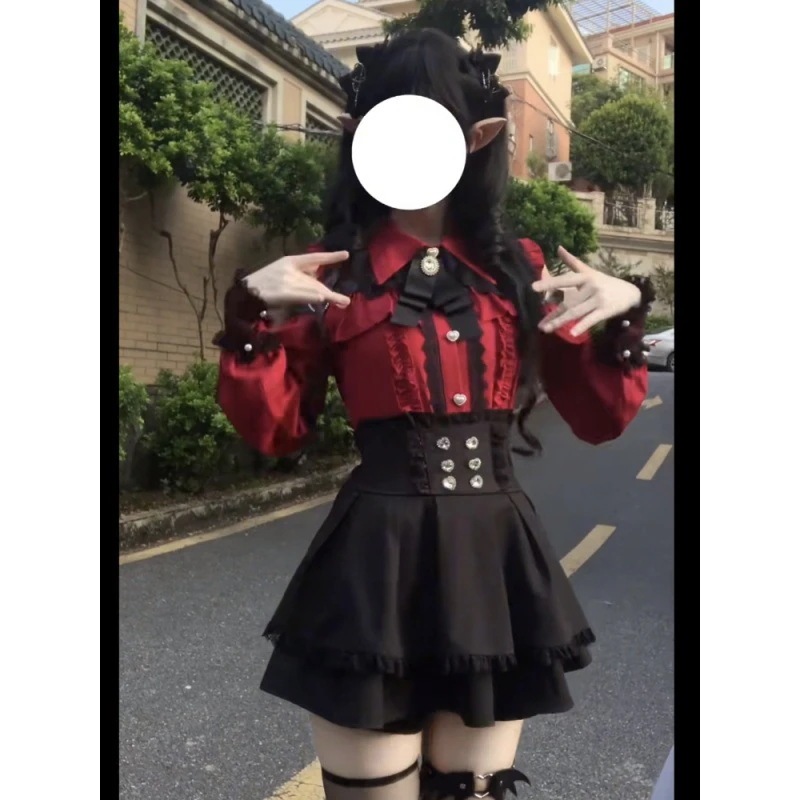 肩出しレースシャツトップス＋量産型ハイウエストハーフスカートセットアップスカート制服