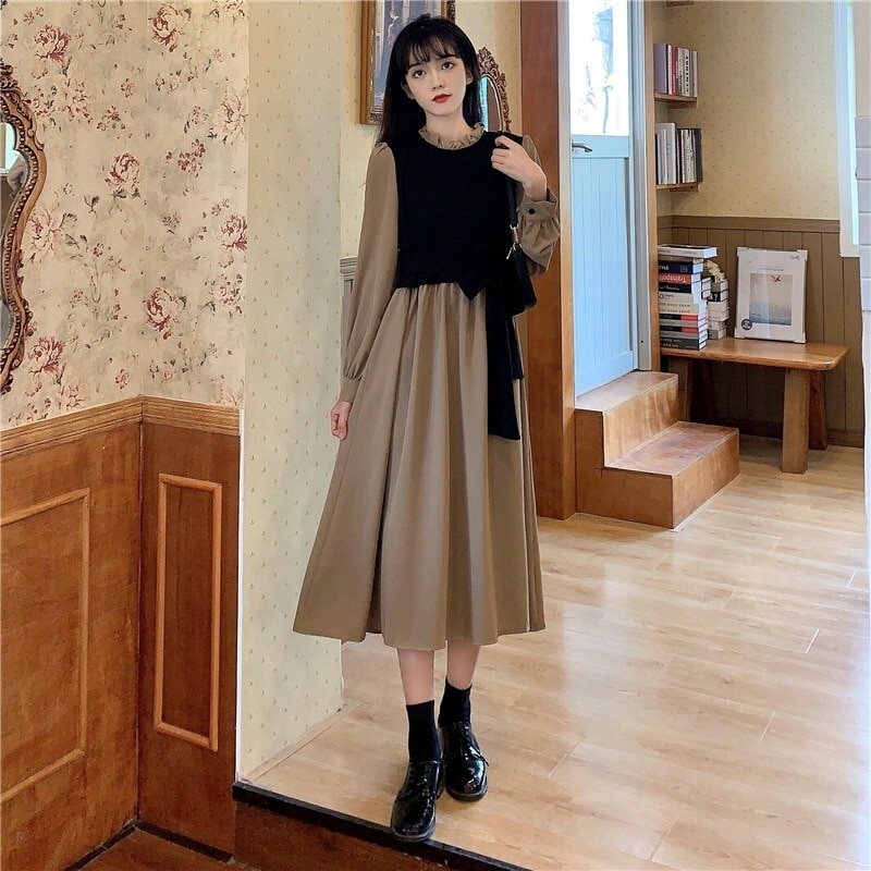 クラシカルワンピース フェイクツーピースワンピ ニット重ね着風 お嬢様デザイン スカート ワンピース オールインワン ロングスカート フレアスカート ロング ロング丈 7分丈 ミディアム丈 袖あり