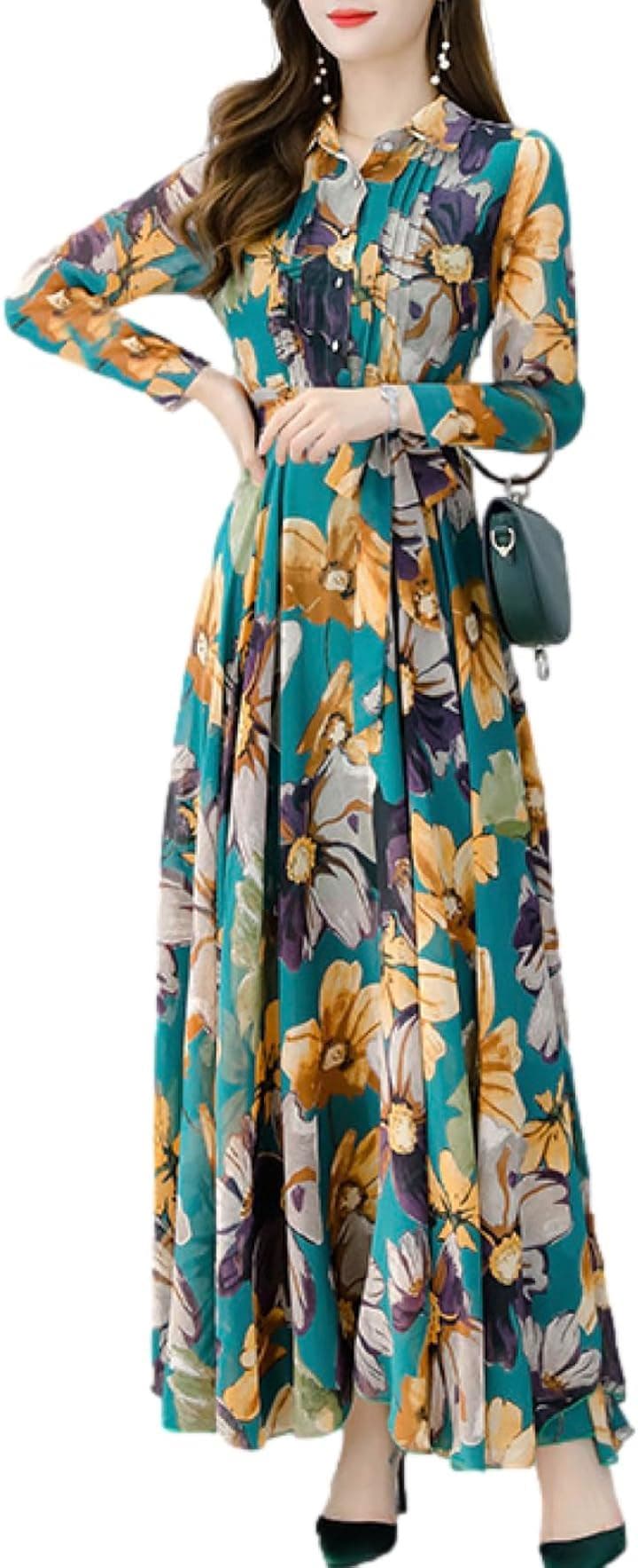 ワンピース レディース 春 秋 ロング きれいめ Aライン 花柄 裏地あり BN227 GRN( グリーン, L)