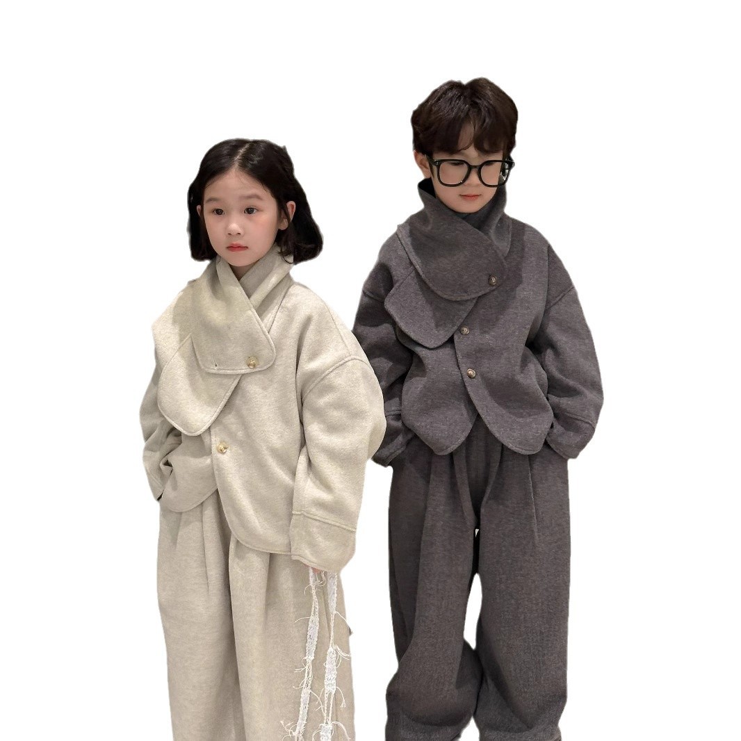 2024冬男の子女の子韓国デザイン無地厚手のウールジャケットワイドレッグパンツツーピース兄妹衣装