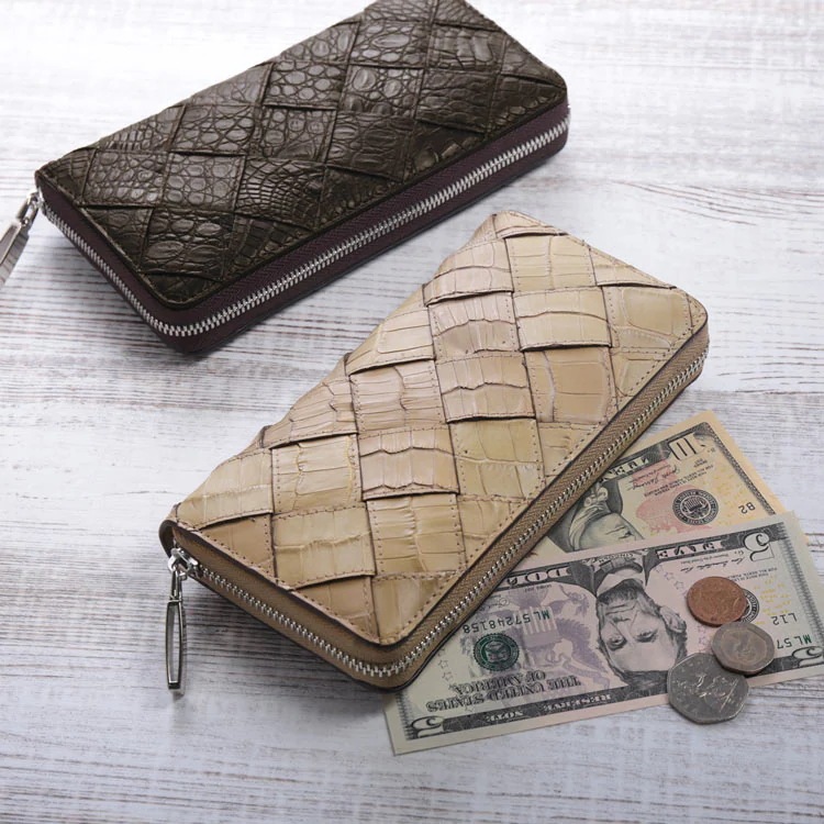 クロコダイルラウンドファスナー長財布レディースメッシュデザインシルバー金具本革鰐革