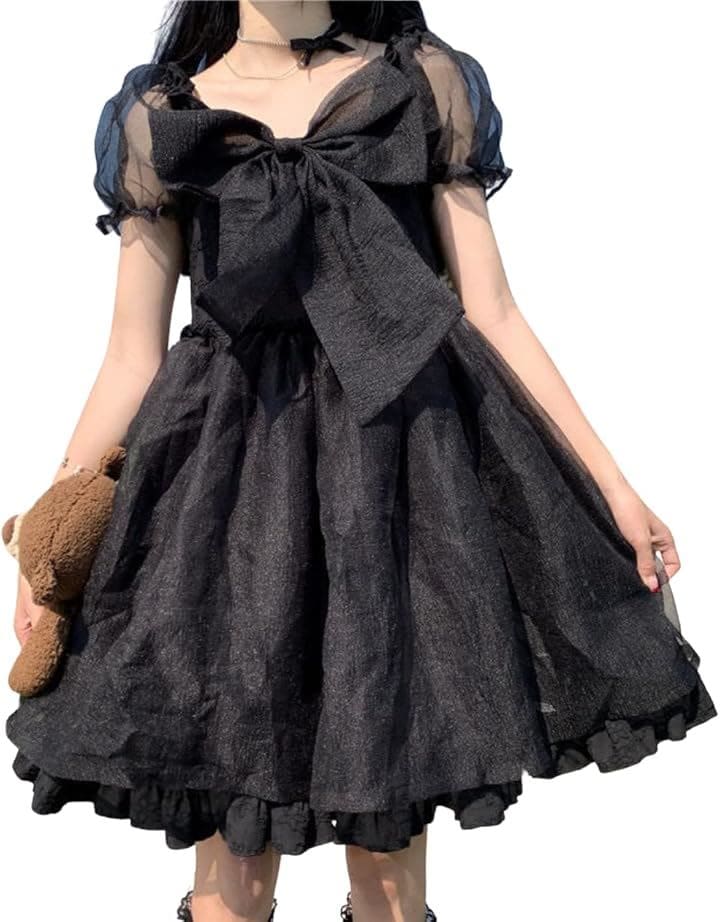 レディレイジー ロリータ ゴスロリ 半袖 シフォン ワンピース リボン ドレス コスプレ ひざ上( ブラック, S)