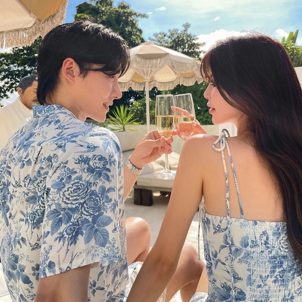 (Vivarup) ブランハネムーンカップルルック OP20179F サマーストラップオフショルダーフラワー半袖シャツハワイアンロングビーチドレスリゾートバケーションビーチウェア 6,419円