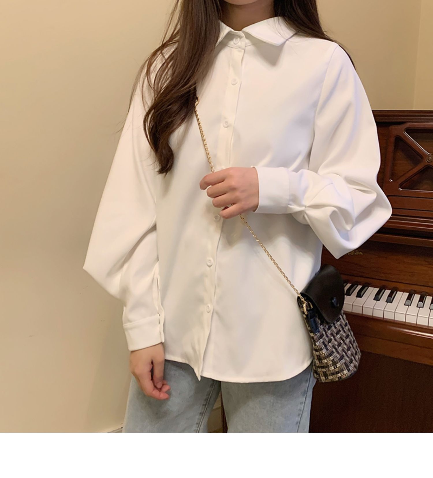 トップス レディース シャツ 長袖 バルーン袖 襟付き ボタンダウン スリム ストレート フェミニン シフォン 前開き 透け感 大人可愛い きれいめ シンプル カジュアル 上品 無地 20代 オルチャ