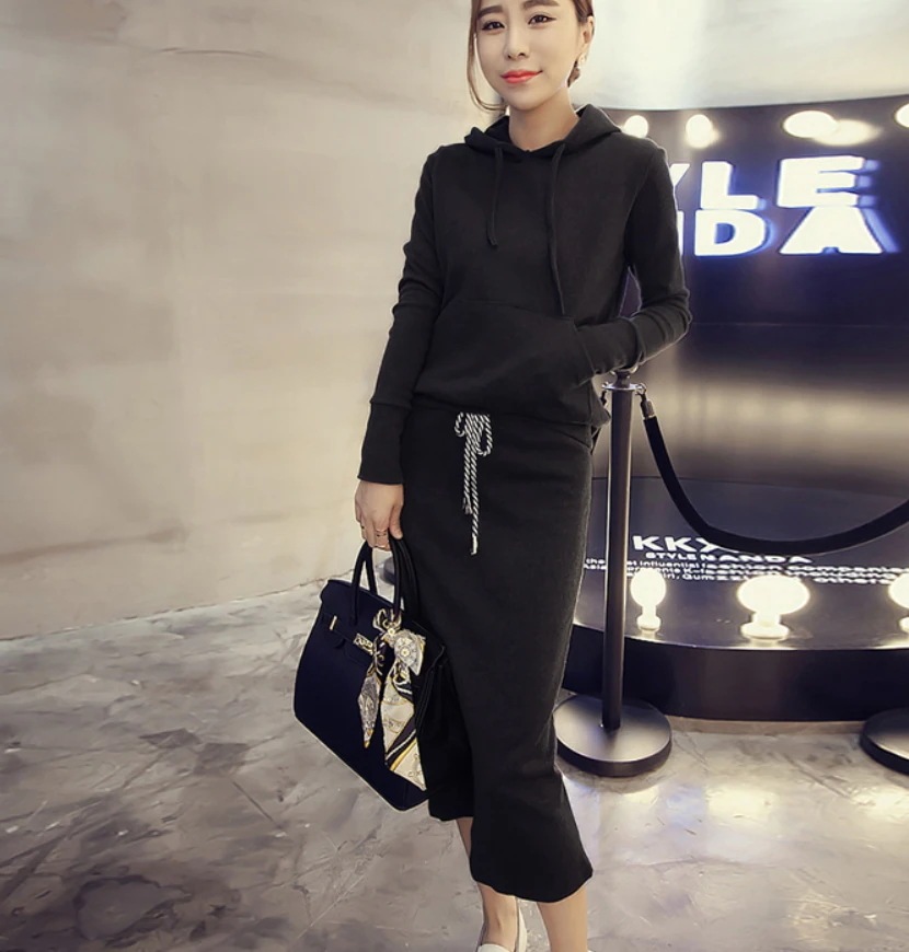 スウェットスカート セットアップ パーカー フーディー スウェット ミモレ ミモレ丈 袖あり 長袖 襟なし ストレート リボン フード付き ポケット ハイウエスト 伸縮性 薄手 上下セット 2点セット