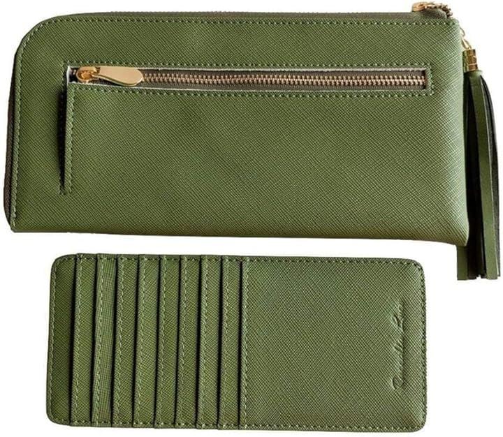 本革長財布 レディース Ｌ字ファスナー 小銭ノンファスナー セパレートカード入れ付 化粧箱付( グリーン)