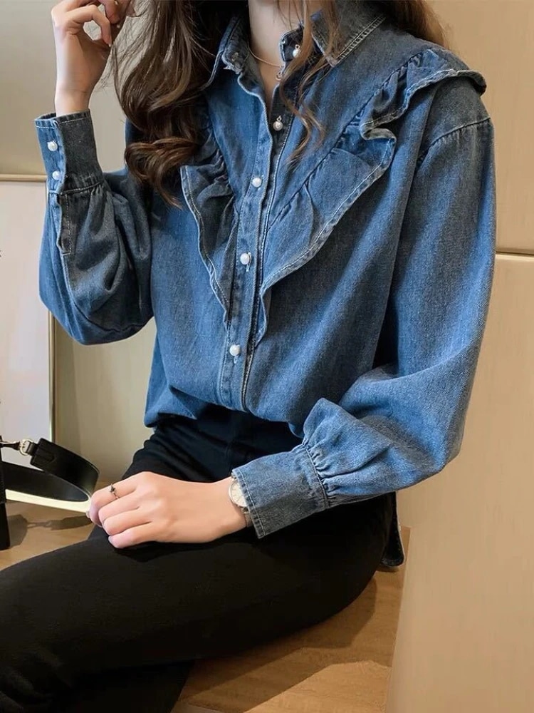 女性用フリルデニムブラウス,韓国ファッション,ラペルデザイン,特大ジーンズシャツ,シングルブレストカウボーイトップス,エレガント,春,秋 - 200000345