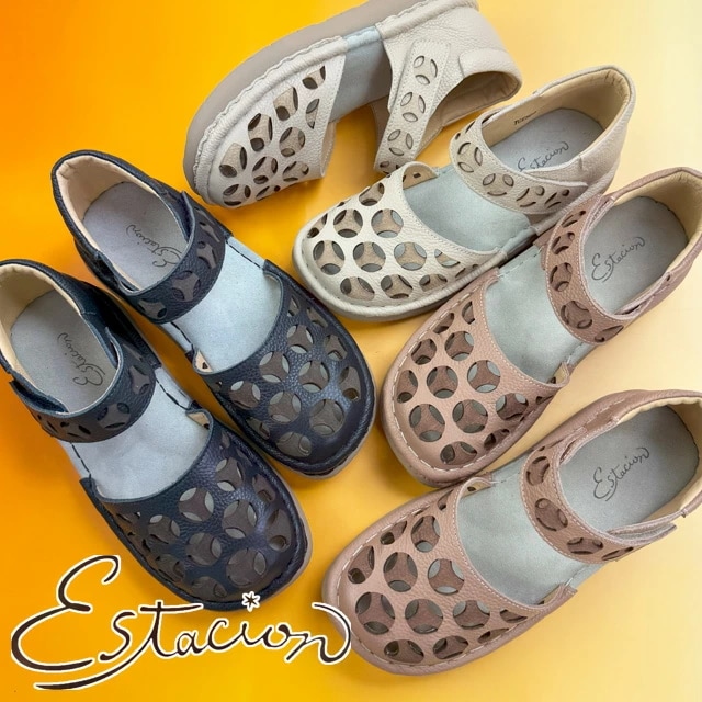 エスタシオン レディース 疲れない ストラップパンプス パンチングデザイン 痛くない 本革 ベルクロ ローヒール マジックテープ 歩きやすい ストラップシューズ カジュアルシューズ TGE568 ネイ