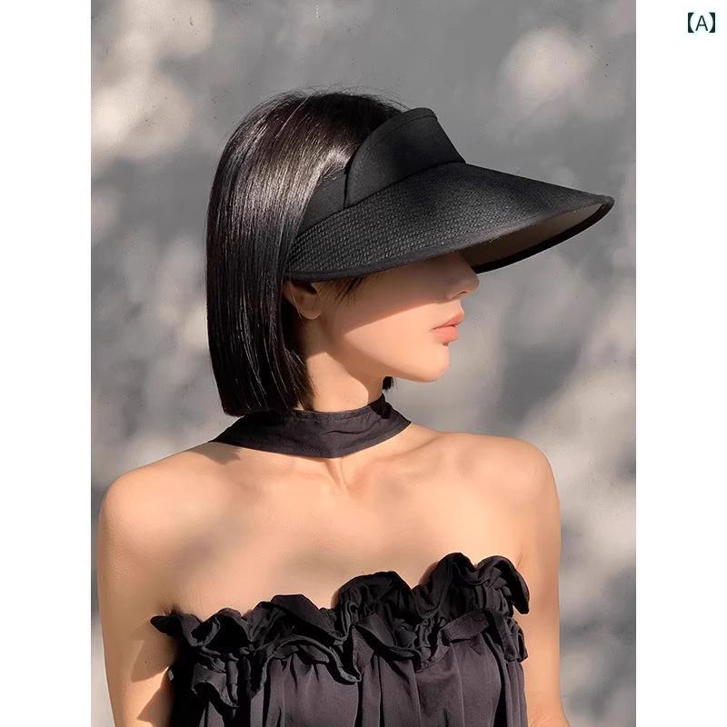 サンバイザー レディース 帽子 麦わら 夏 屋外 抗UV サンシェード 日よけ ブラック ベージュ キャメル