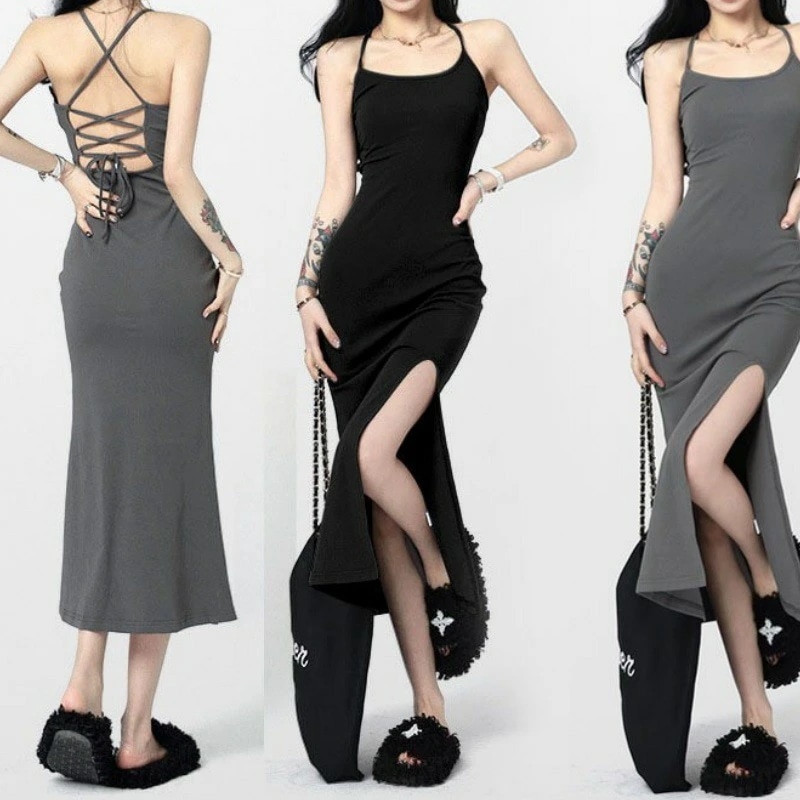 レディース 夏 新しい ワンピース 袖なし　ノースリーブ　吊りスカート　ロングスカート ドレス ホットガール ロング丈 マキシ丈 スカート 無地 黒 ブラック きれいめ 大人セクシー 春ワンピ 夏
