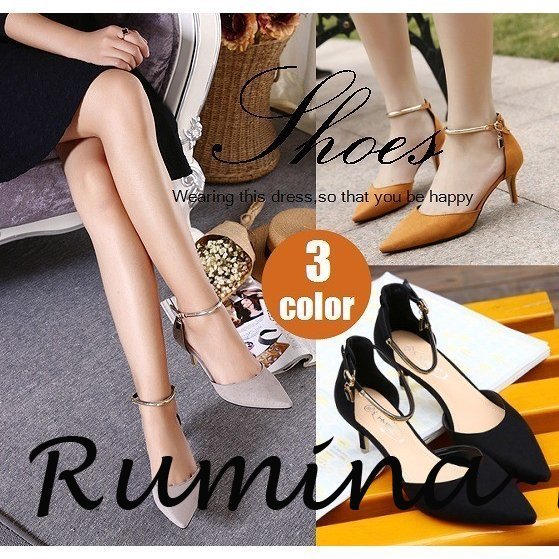 パンプス アンクルストラップ ピンヒール ハイヒール ポインテッドトゥ チャーム付き スエード調 フ