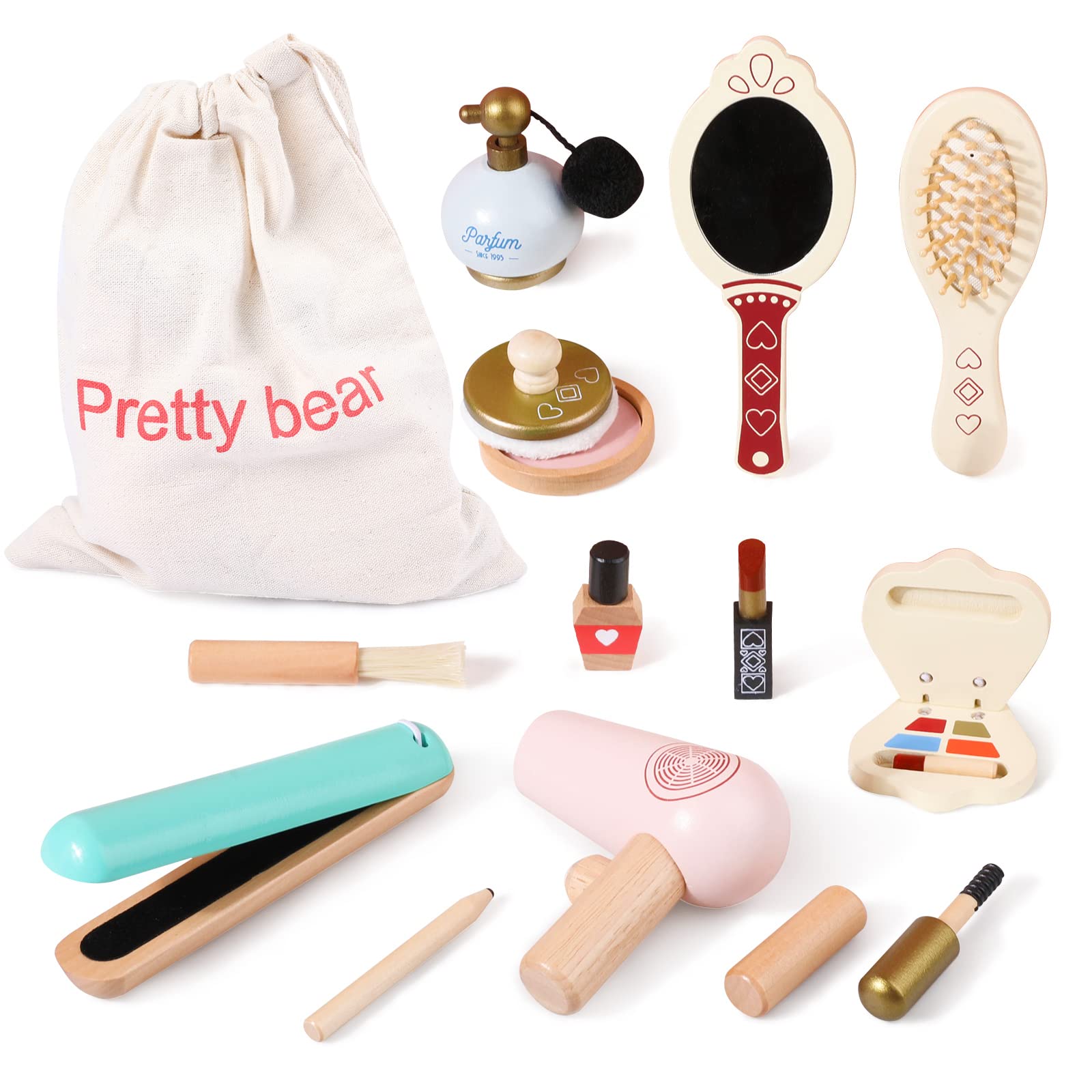 Wooden Teether メイクセット おもちゃ 木製 コスメ アップ 子供用 ままごと 化粧おもちゃセット 化粧品 美容院 12Pcs 3歳以上 女の子 収納簡単 キッズ おままごと 誕生日 プ