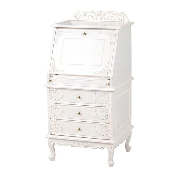 ライティングテーブル ヴィオレッタ 引き出し 3段 幅58cm ホワイト ライティングビューロー パソコンデスク チェスト 折りたたみ収納 パソコン PCデスク 小物収納 リビング収納 引出し