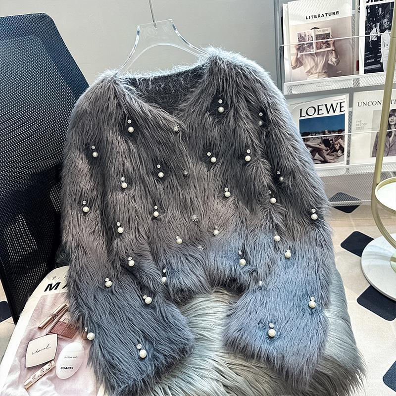 ミンクの毛を模したニットカーディガンコート婦人服物厚手短丈