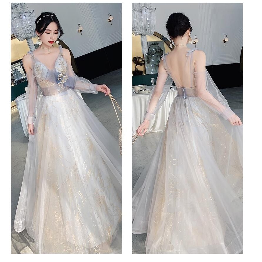 ロング丈ドレス ウエディングドレス パーティードレス 袖あり 結婚式ワンピース aライン 10代 2