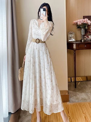 大人気！ ワンピース 軽やかで贅沢なハイエンド花柄シフォンワンピース2025年早春新作ハイウエストスリムスリムロングスカート ドレス レディース