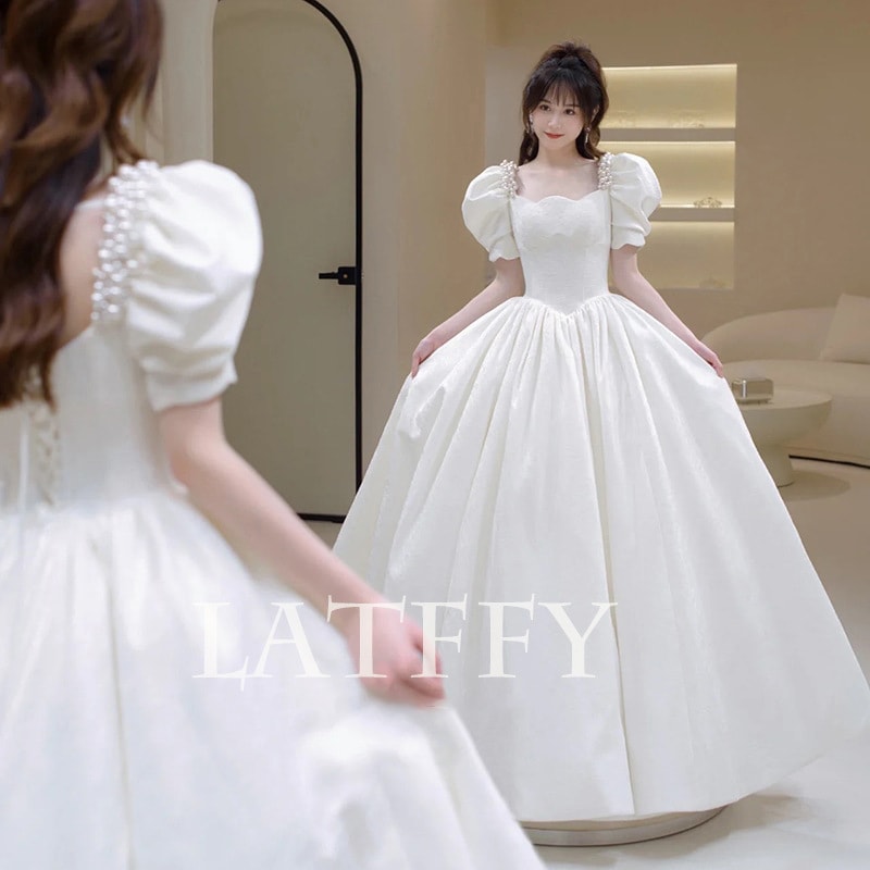 ウェディングドレス白 weddingdress ウェディング 前撮り 二次会 スクエアネック パーティードレス ドレス パフスリーブ エンパイア 花嫁ロングドレス ブライダル パール 結婚式お呼ば