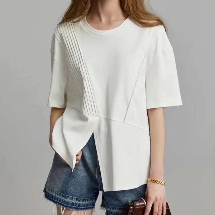ホワイトデザイン感オープンフォーク丸首純綿tシャツ夏新通勤風シンプル小衆上着