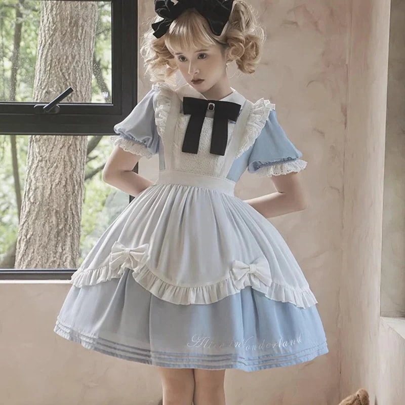 メイド服 コスプレ 水色 黒色 『アリス』ドレス ロリータ ワンピース 夏 半袖 膝丈 英字刺繍 パフスリーブ ハロウィンコスム