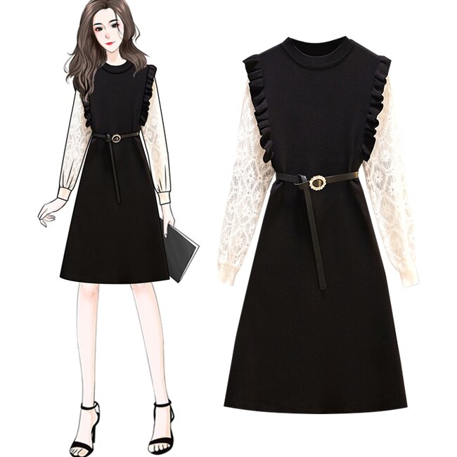 レトロ風 ワンピース 長袖 春 秋 冬 きれいめ かわいい フォーマル aライン Aライン ワンピドレス 膝丈 ひざ丈 ミモレ ミモレ丈 萌袖 Uネック ラウンドネック フレア セミフレア 切り替えデ