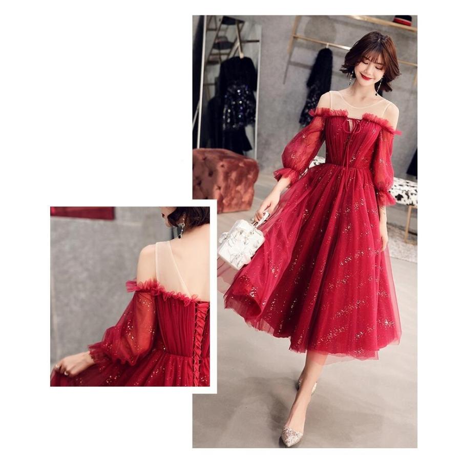 袖あり オフショルダー ミモレドレス プリンセスドレス 花嫁の介添えドレス 結婚式 二次会 演奏会 発表会 披露宴 ウエディングドレス パーディードレス-271