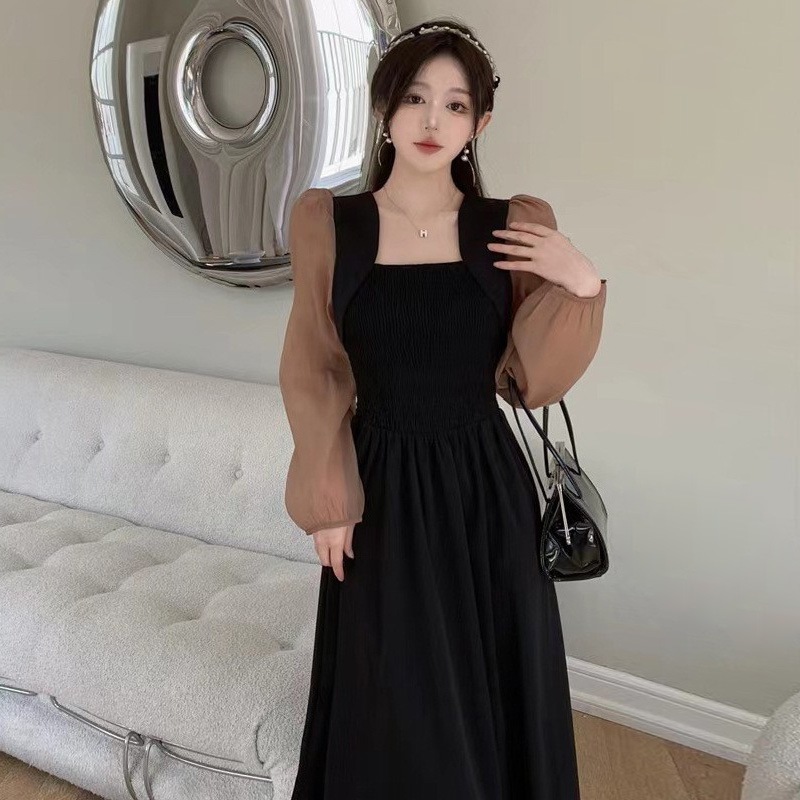 フランス製フェイクツーピーススプライシング長袖ドレス女性用2025春新作スクエアネックウエスト痩身年齢軽減ミモレ丈スカート