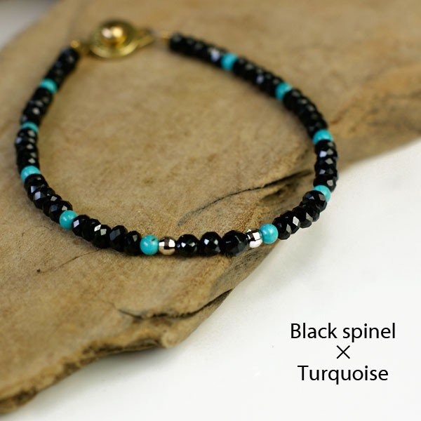 ターコイズ ブラックスピネル デザインブレスレット 天然石 メンズ レディース