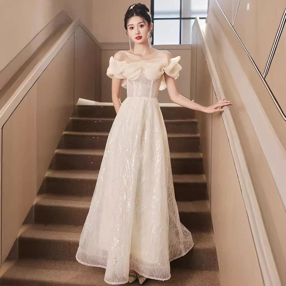 ワンショルダーシャンパンイブニングドレスンピース ロング 入学式 宴会 結婚式 ドレス パーティードレス お呼ばれ 披露宴