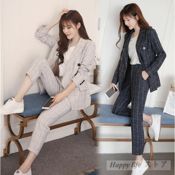 パンツスーツセット レディース 20代30代40代　通勤チェック柄 2点セットパーティー カジュアル ビジネス フォーマル 入学式 卒業式 2019新品