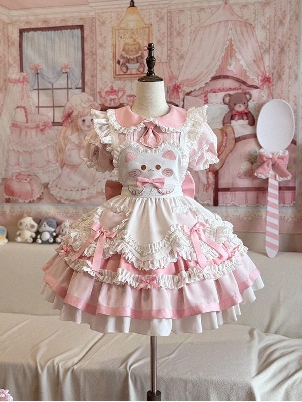 お嬢様かわいいピンクのパッチワークフリルパフスリーブシャツウエスト痩身サスペンダーロリータスカートロリータ