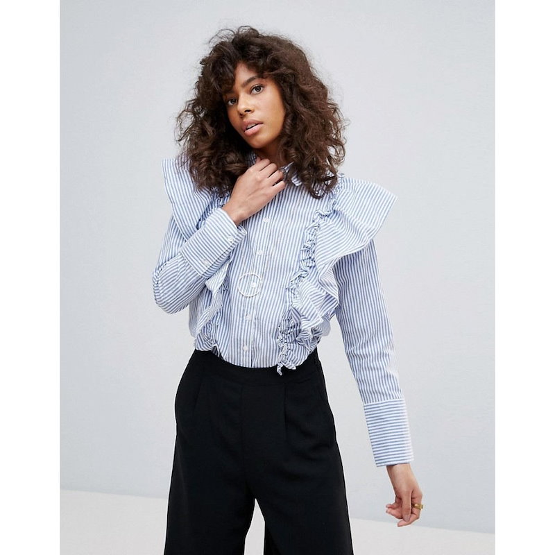 ネオンローズ レディース トップス【Neon Rose Stripe Frill Shirt】Blue ネオンローズ レディース トップス【Neon Rose Stripe Frill Shirt】Blue