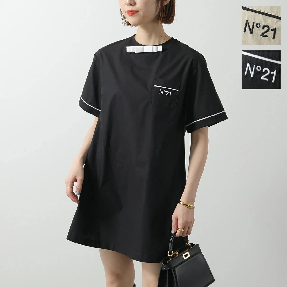 N21 KIDS ヌメロヴェントゥーノ キッズ ワンピース N2100F N0417 レディース ガールズ 半袖 リボン チュニック ロゴ刺繍 カラー2色