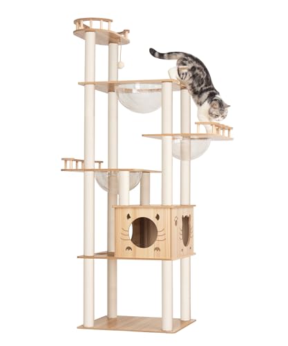 PETTIFUL キャットタワー 木製 据え置き 大型 おしゃれ 高さ185 キャットタワー 多頭飼い 高級 スリム 猫タワー 宇宙船ボウル 大型猫 中型 猫 爪研ぎポール キャットツリー 宇宙船3個